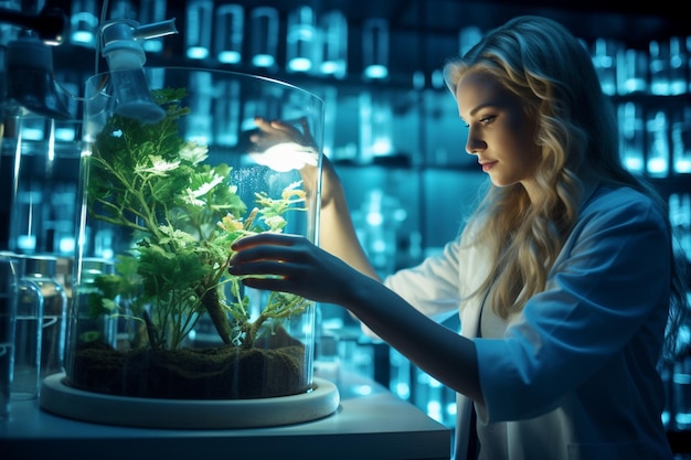 Photo biotechnology concept with woman researcher