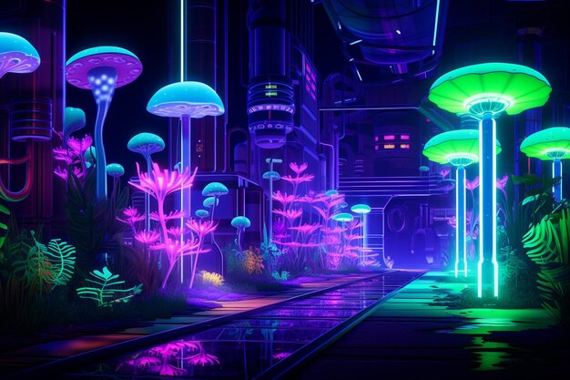 Foto biotecnologia in una giungla al neon flora e fauna stravaganti