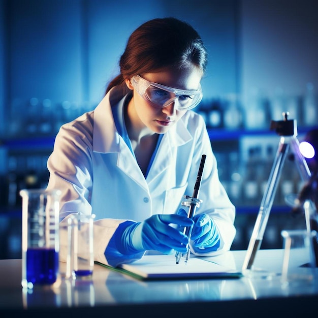 Biotechnology research female scientist mixing a chemical formul