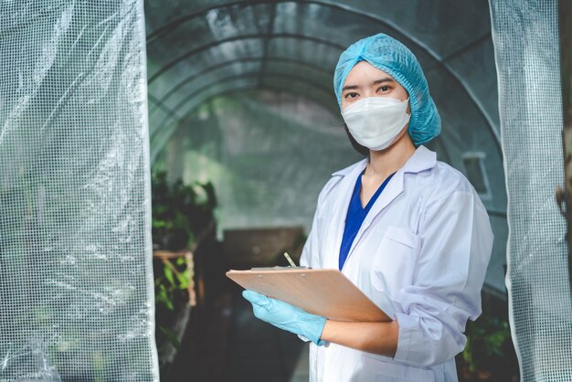 Ricercatore in biotecnologie che lavora nel laboratorio di scienze biologiche, tecnologia genetica, studio scientifico dell'ecologia, esperimento di esame del campione di crescita delle piante