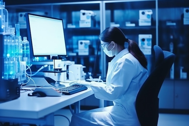 Photo biotechnology scientist researching in laboratory using microscope and typing on pc
