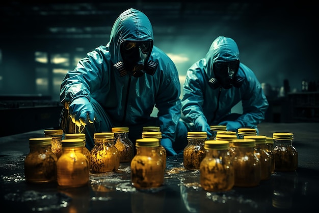 Photo bioweapon lab with hazardous containers and scientist ai generated