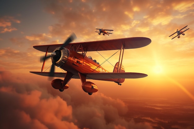 Biplane flying in formation against a vibrant suns 00121 02