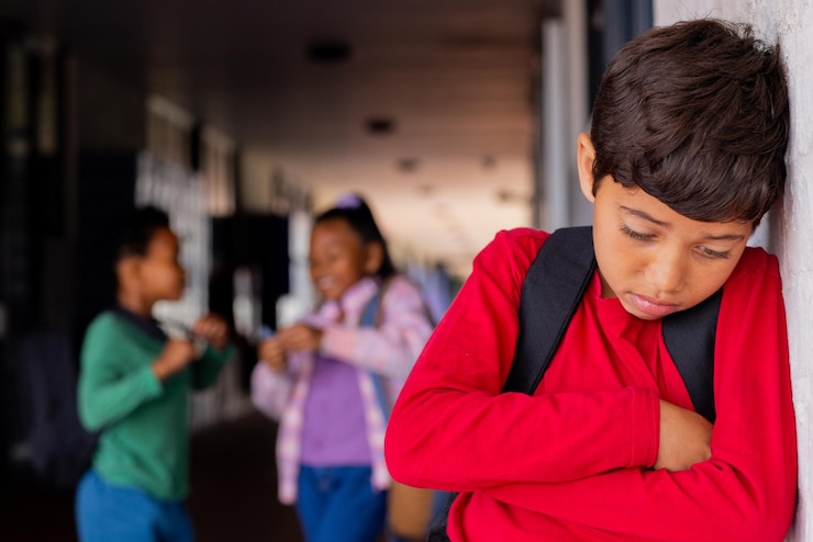Photo biracial boy in a red shirt looks upset leaning against a wall in school experiencing bullying
