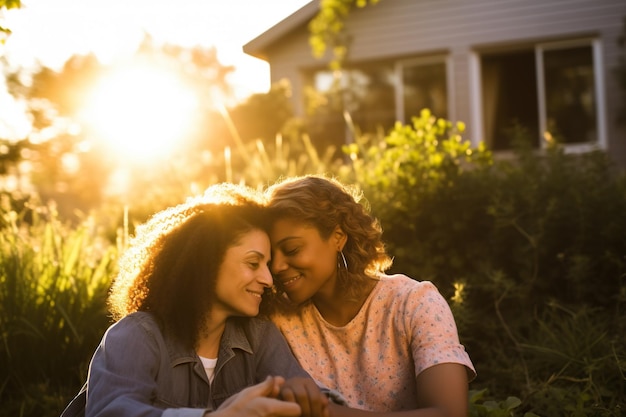 Biracial lesbian couple sitting and embracing in garden at sunset