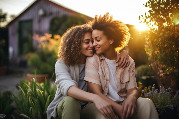 Biracial lesbian couple sitting and embracing in garden at sunset