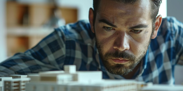 Photo biracial male architect working on a building model at office generative ai