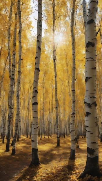 Birch branch with yellow autumn leaves on a blurred background in the forest in the sunlight panora