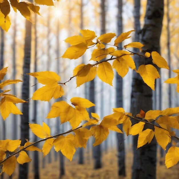 Birch branch with yellow autumn leaves on a blurred background in the forest in the sunlight panora