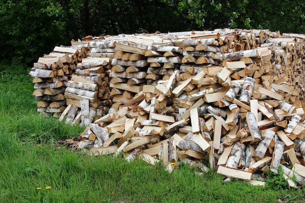 Birch firewood in a woodpile on the grass