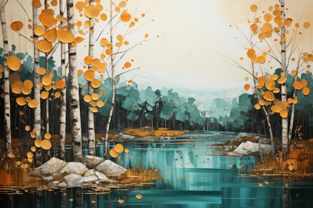 Осенний березовый лес у спокойного озера 180