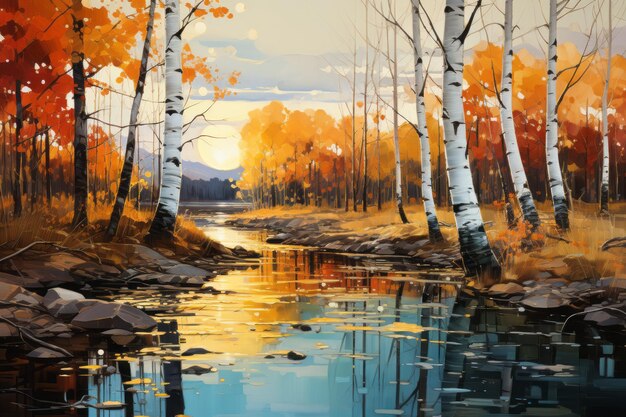 Birch Forest in Autumn Hues Beside a Tranquil Lake 47