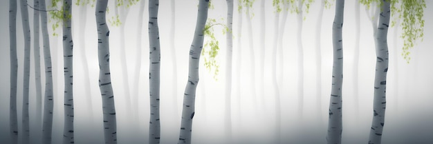 Birch forest in the morning fog panoramic view