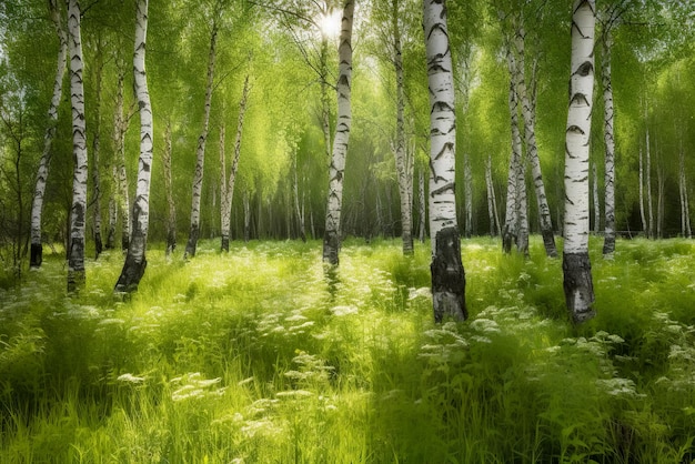 Birch forest in sunlight in the morning natural landscape background Generative AI