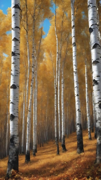 Birch forest in sunny afternoon while autumn season