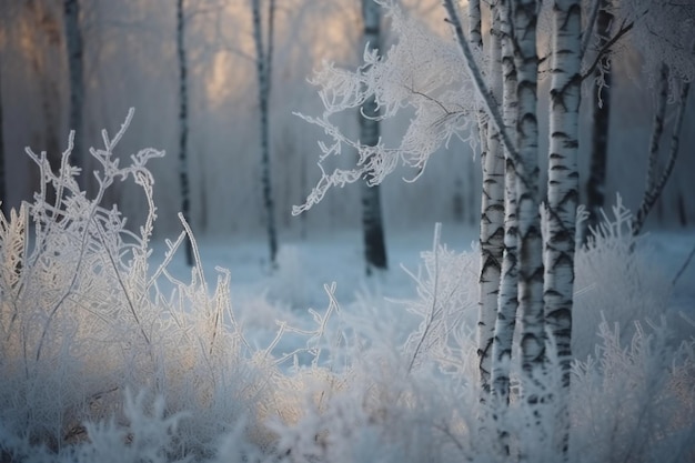 Birch tree Winter forest Snow on branches of trees Nature background Cold weather Climate Frost