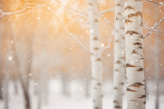 Birch trees in a snowy forest at sunset