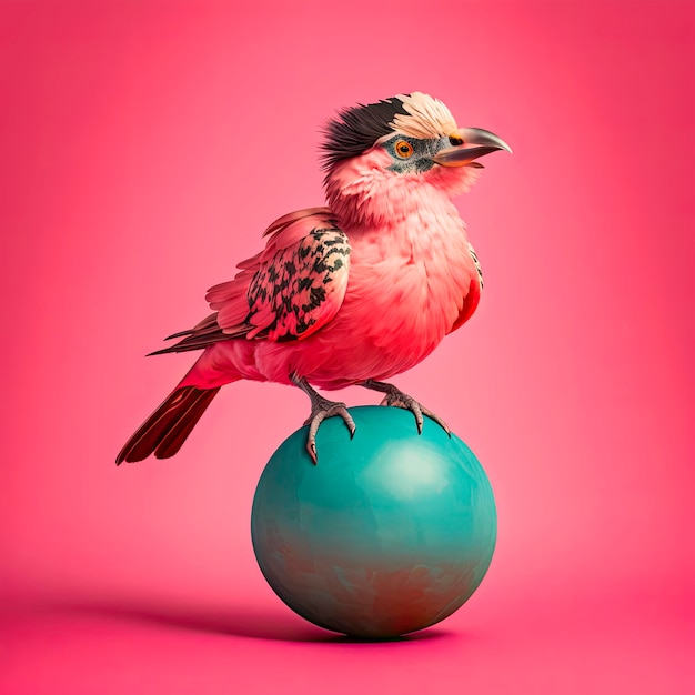 Bird balancing on a pink ball pink background