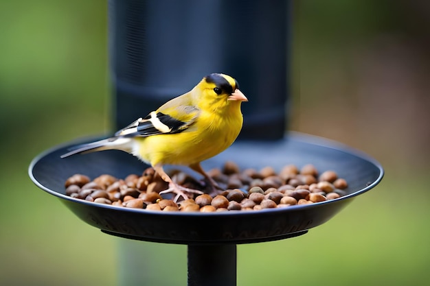 A bird on a bird feeder with a black bird on it