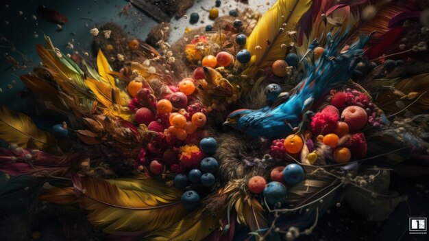 A bird and a blue bird are surrounded by fruits.