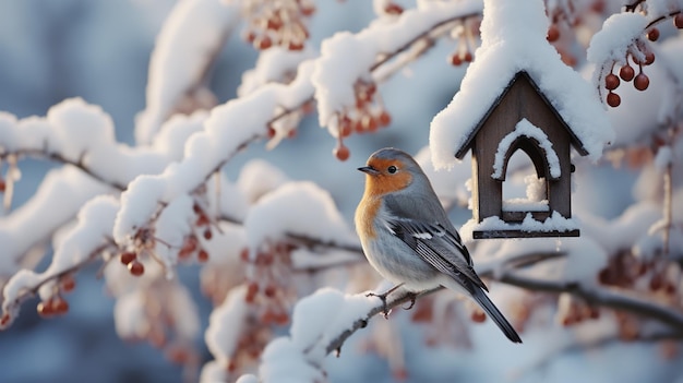 Photo bird box under snow during the winter