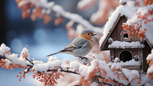 Foto scatola per uccelli sotto la neve durante l'inverno