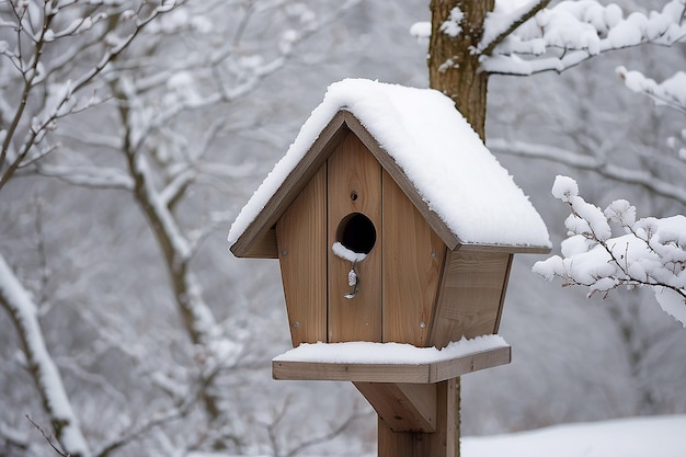 冬の雪の下の鳥の箱