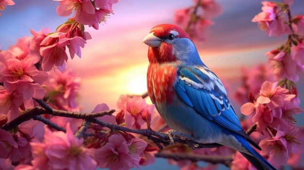 A bird on a branch of cherry blossoms