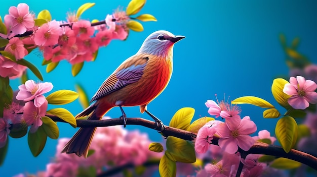 A bird on a branch of cherry blossoms