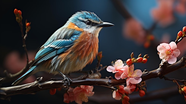 A bird on a branch of a flower