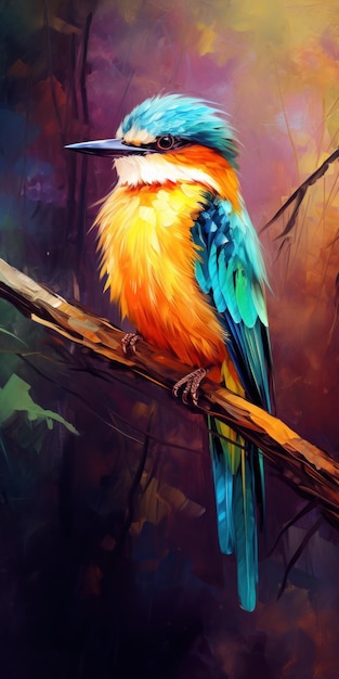 Bird on the branch in the forest on oil painting of colorful artworks