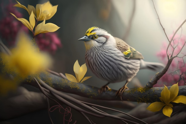 Bird on branch tree with bloom AI Generative