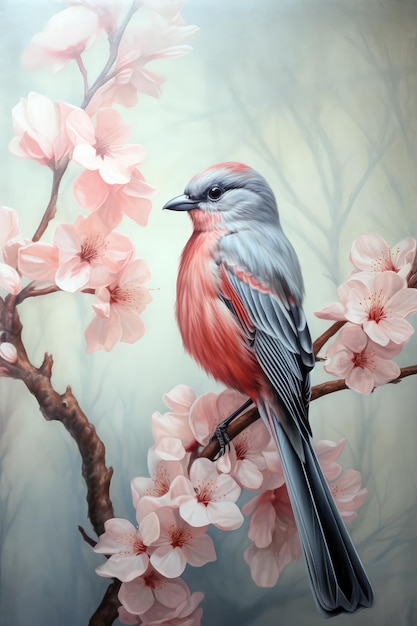 Птица на ветке дерева с розовыми цветами.