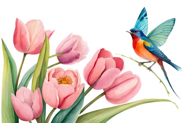 A bird on a branch of tulips with a blue bird on it