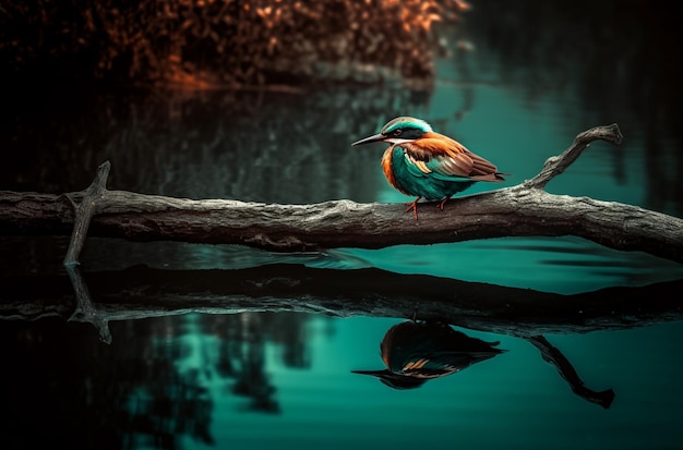 A bird on a branch in the water