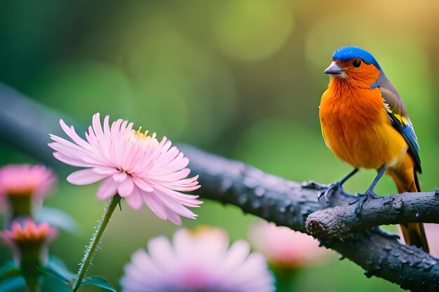 A bird on a branch with a flower in the background