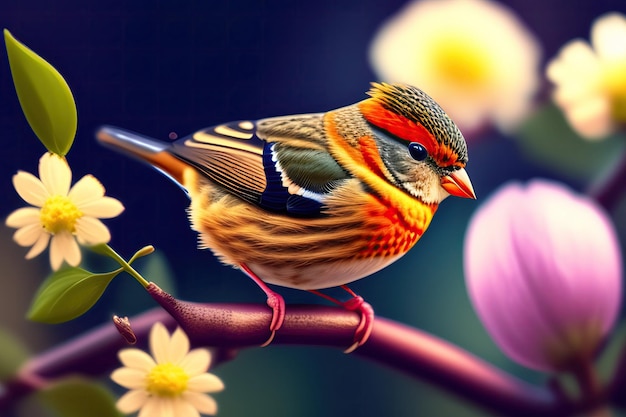 A bird on a branch with flowers in the background