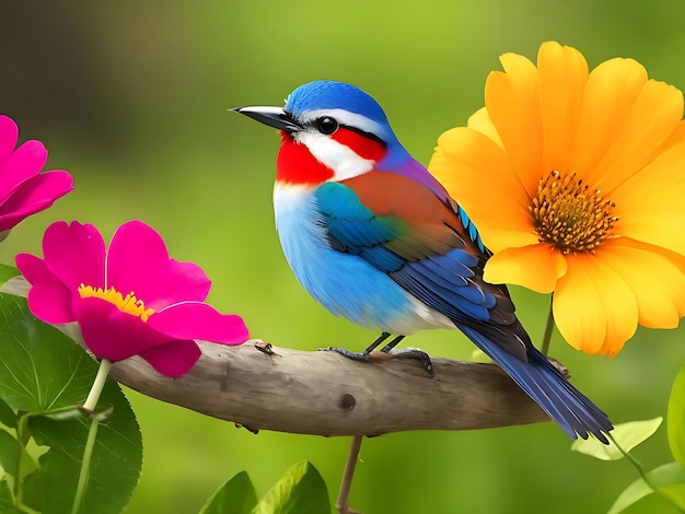 A bird on a branch with flowers