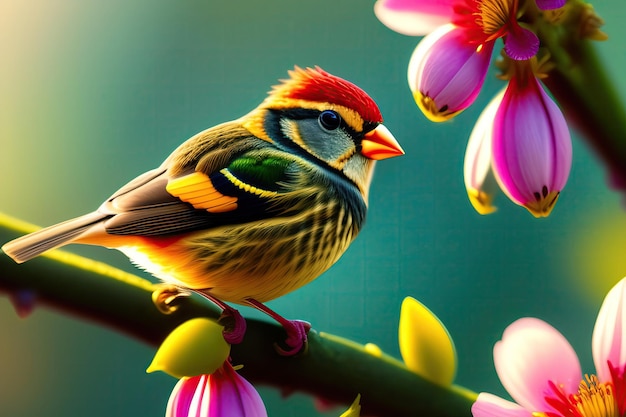 A bird on a branch with flowers