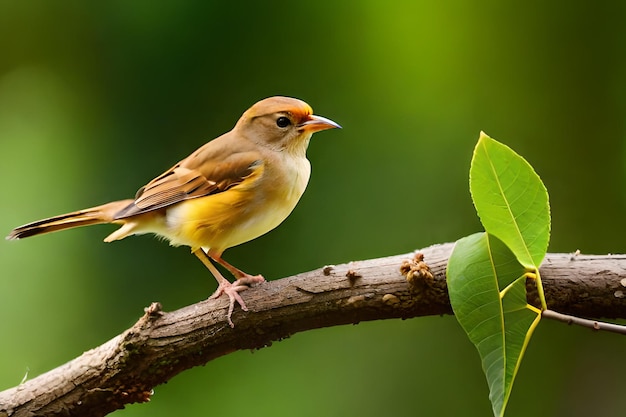 A bird on a branch with green leaves