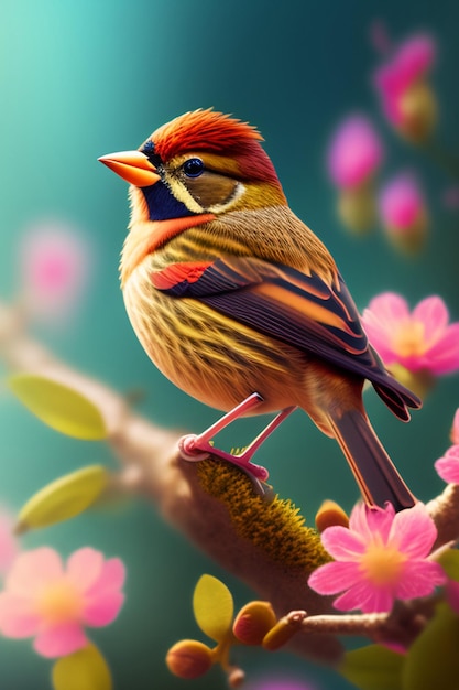 A bird on a branch with pink flowers