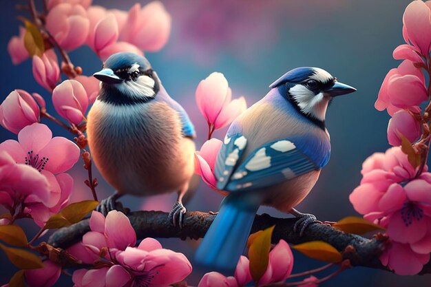 A bird on a branch with pink flowers