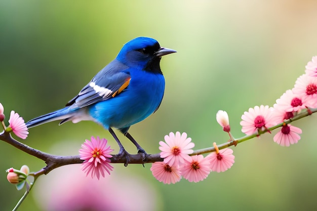 A bird on a branch with pink flowers