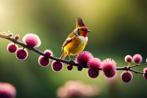 A bird on a branch with pink flowers