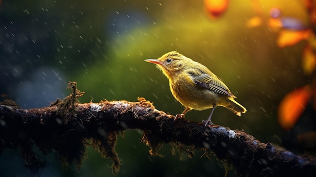 雨の滴がついた枝に止まっている鳥