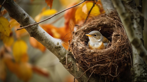 A bird building a nest in a tree ai generated illustration