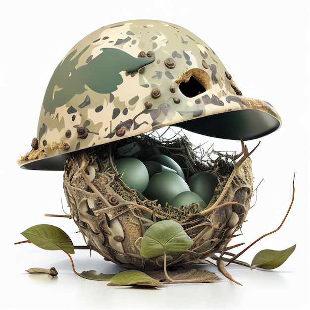 Bird built nest and laid eggs under military helmet of soldier, concept of peacefulness, peace,