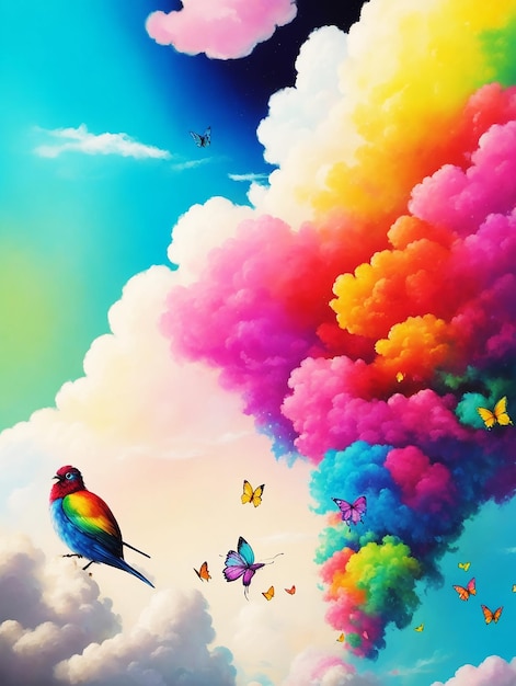 Bird of butterfly flowers paradise rainbow fluffy cloud acrylic painting on paper hd acrylic image