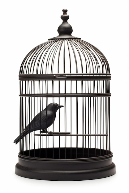 A bird in a cage that has a black bird inside.