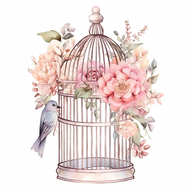 A bird in a cage with flowers and a bird on it.